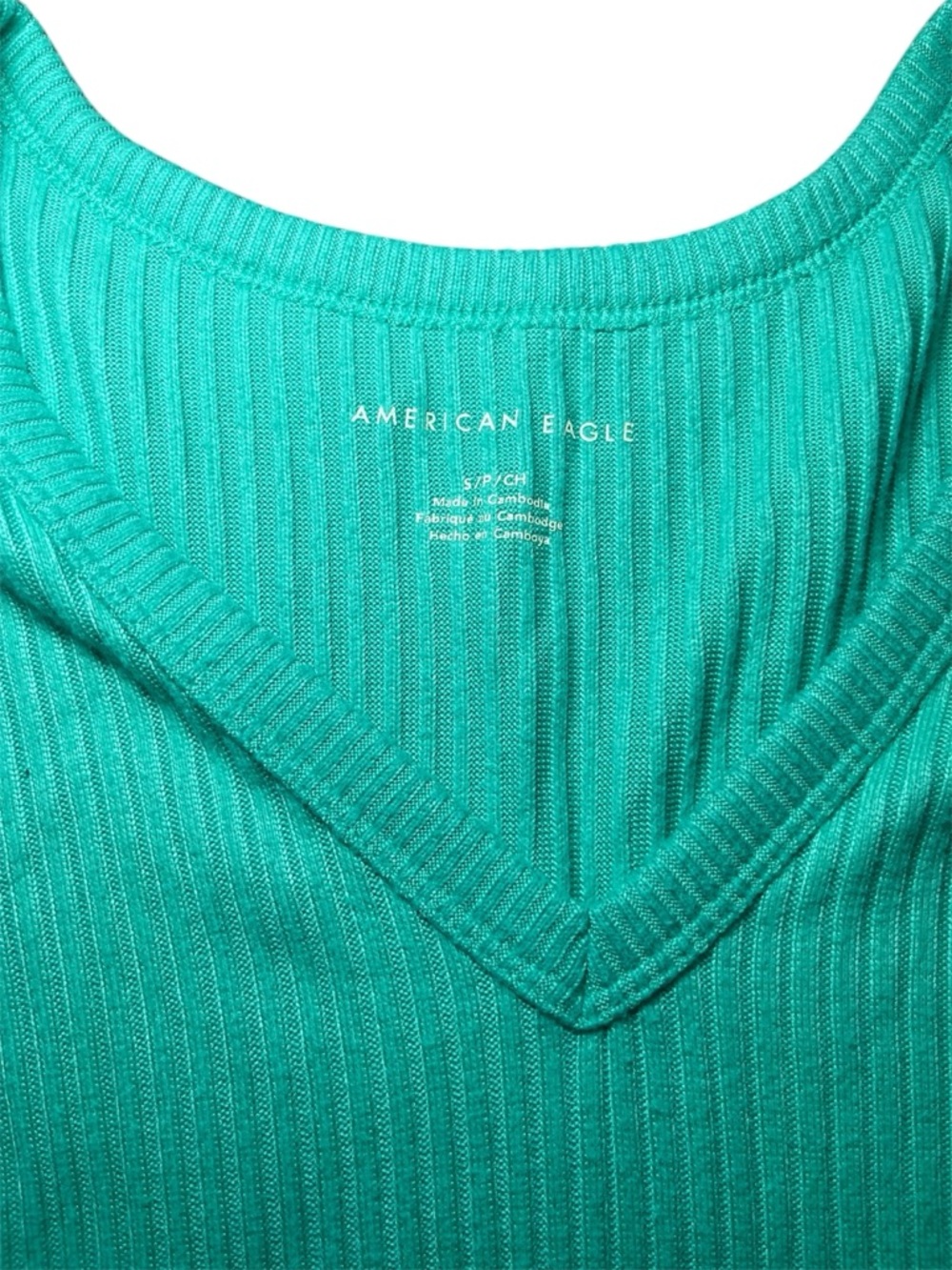 American Eagle V-Neck Plush Long Sleeve Ribbed Top Caribbean Green Size Small - Picture 7 of 12